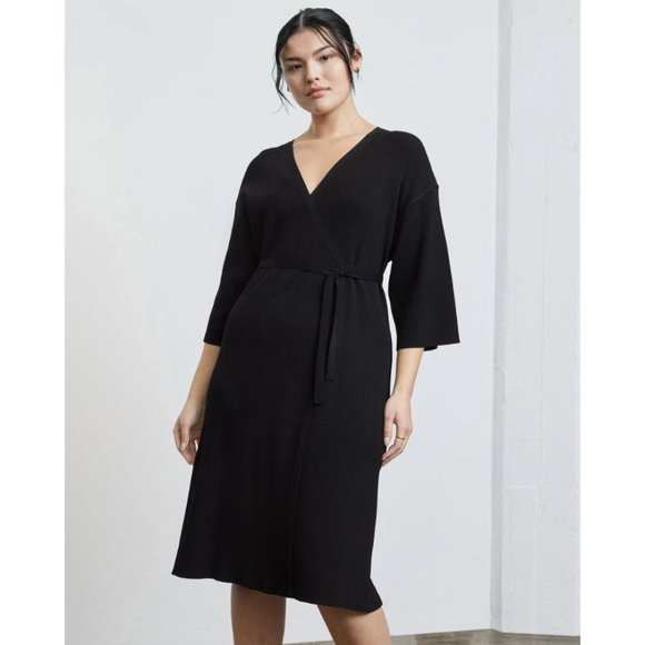 Everlane The Ribbed Wrap Midi Dress in Black Large Womens - Picture 13 of 13